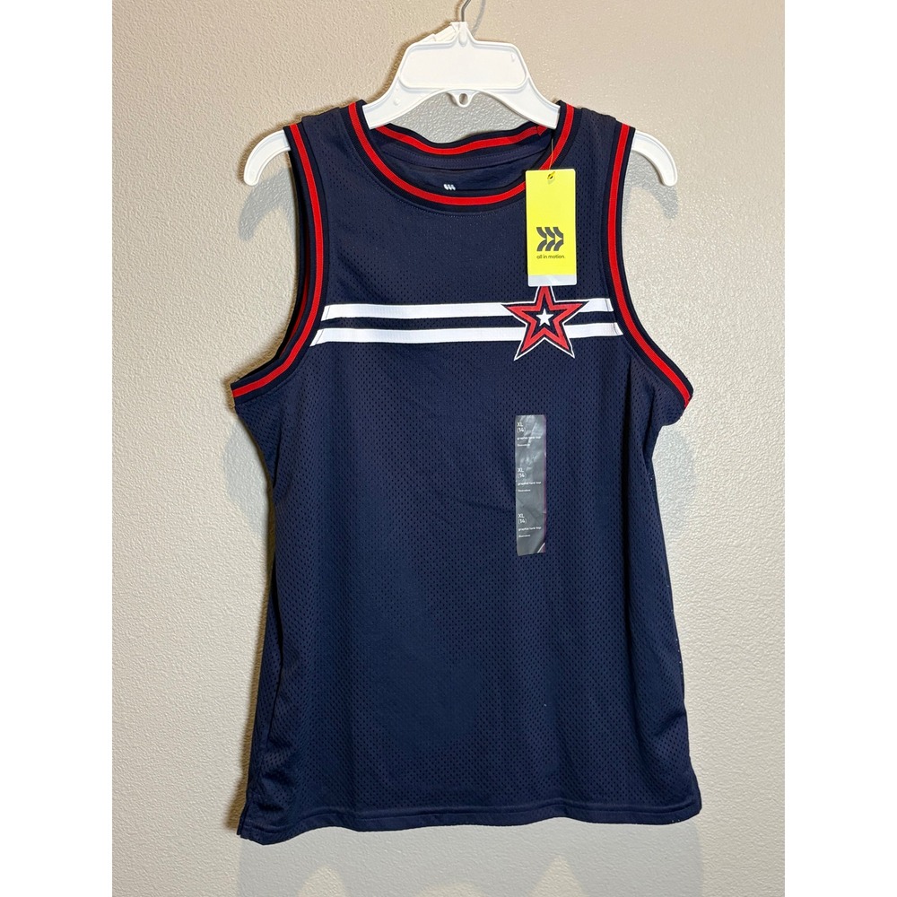 All in Motion Boys XL 14 Navy Blue Star Graphic Mesh Athletic Tank Top NWT